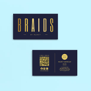 Vlechten QR-code & Logo Navy en goud Visitekaartje