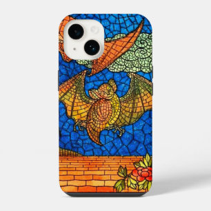Vleerhond Gebrandschilderde look mozaïek blauw ora iPhone 14 Hoesje