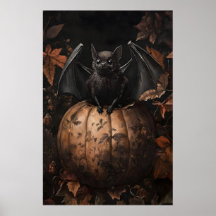 Vleermuis op Pompoen Herfst Afdruk, Donkere Academ Poster