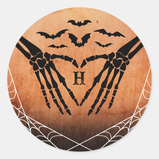 Vleermuis Skelet Hart Monogram Gothic Halloween Br Ronde Sticker (Voorkant)