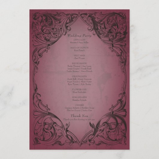 vleermuis tot de dood Bourgondische bruiloft Programmakaart (Achterkant)