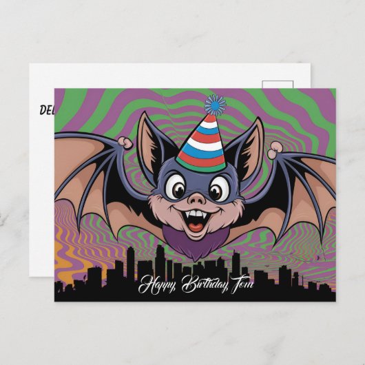 Vleermuis vliegt boven psychedelische stad briefkaart (Voorkant / Achterkant)