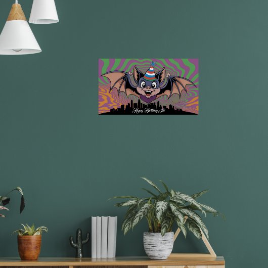 Vleermuis vliegt boven psychedelische stad poster (Woonkamer 1)