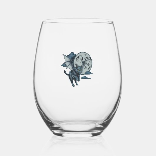 Vleermuisgevleugelde kat enge Halloween volle maan Wijnglas Zonder Voet (Voorkant)