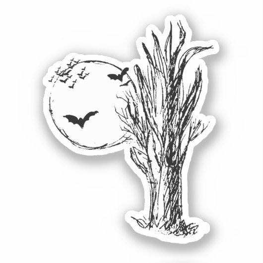Vleermuizen, een dode boom, volle maan Halloween Sticker (Voorkant)
