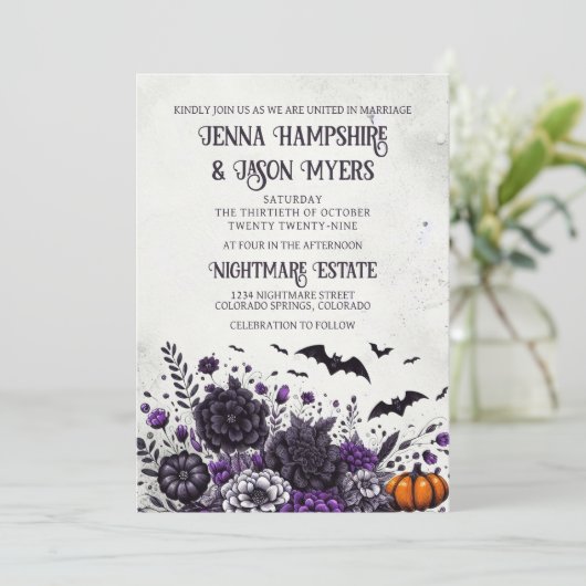 Vleermuizen en bloemen bruiloft kaart (Staand voorkant)