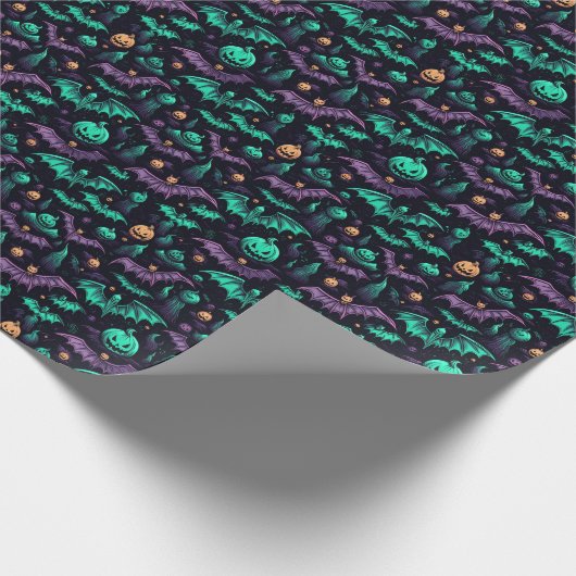Vleermuizen en pompoenen Paarse Groene Halloween Cadeaupapier (Hoek)