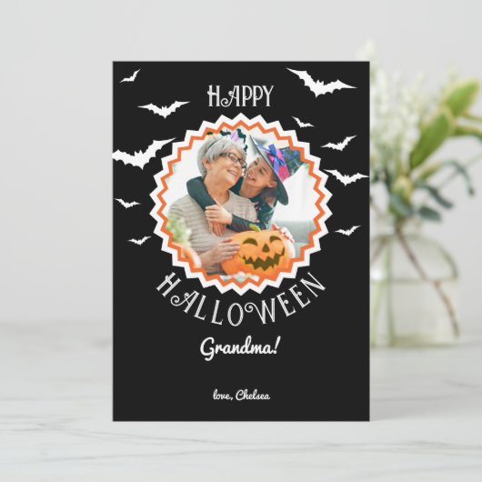 Vleermuizen Fotolijst Zwart Halloween Feestdagenkaart (Staand voorkant)