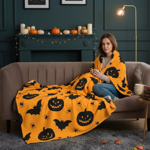 Vleermuizen, pompoen hoofden en spinnen Halloween Fleece Deken