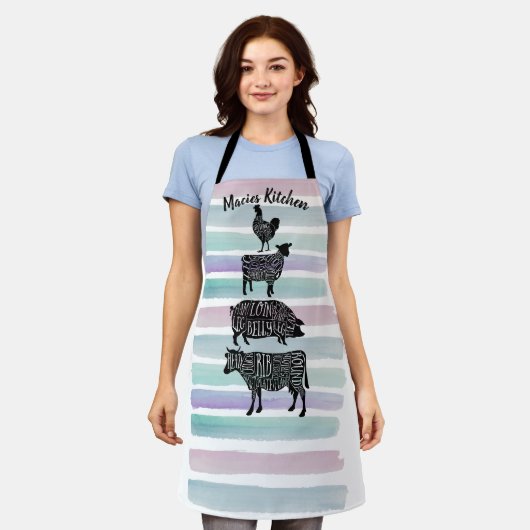 vleeskuikenvlees van runderen snijdt kleine stukje schort (Gedragen)