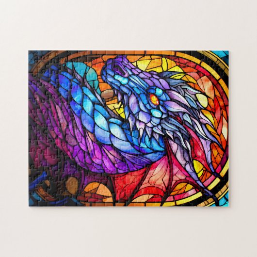 Vlekglas Blauw en Paarse Drakenpuzzel Legpuzzel (Horizontaal)