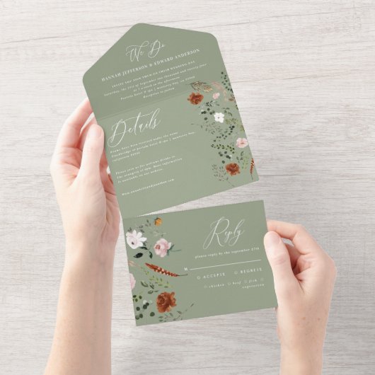 vlekgroen floraal elegant all in one uitnodiging (Afscheurbaar)