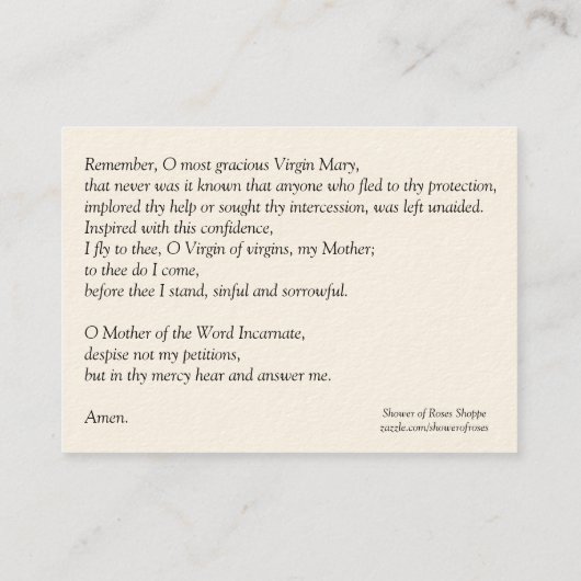 Vlekkeloos Hart van Mary Memorare Prayer Visitekaartje (Achterkant)