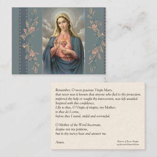 Vlekkeloos Hart van Mary Memorare Prayer Visitekaartje (Voorkant / Achterkant)