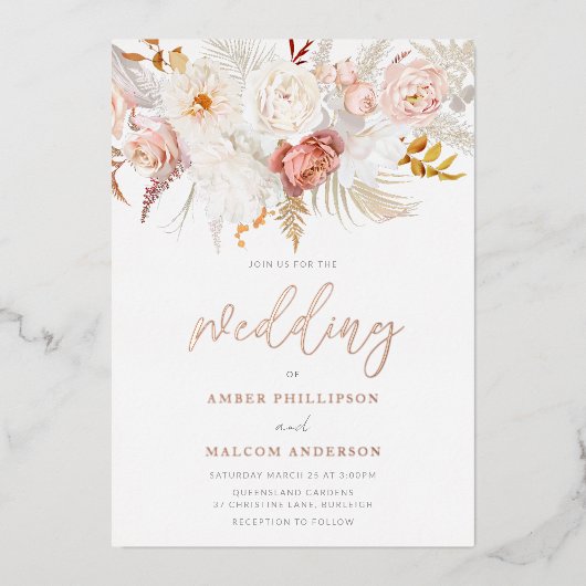Vlekkeloze Roos Gold & Blush Bloemen Bruiloft Folie Uitnodiging (Voorkant)