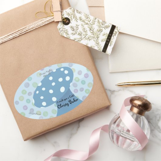 Vlekken en Stippen Blauwe Paddenstoel Bakkerij Ovale Sticker (Geschenken)