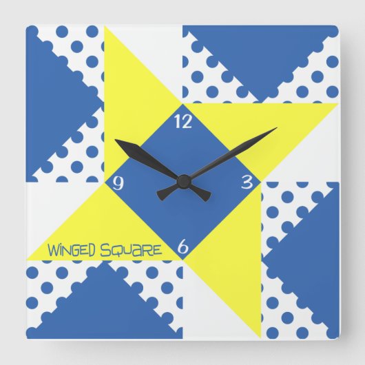 Vleugelig Vierkant- Blauw & Geel Vierkante Klok (Voorkant)