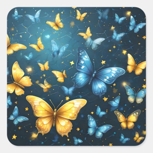 Vleugels van vreugde: blauwe en gele vliegende vli vierkante sticker (Voorkant)