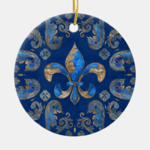 Vleur-de-lis luxeornament - blauwe marmer keramisch ornament