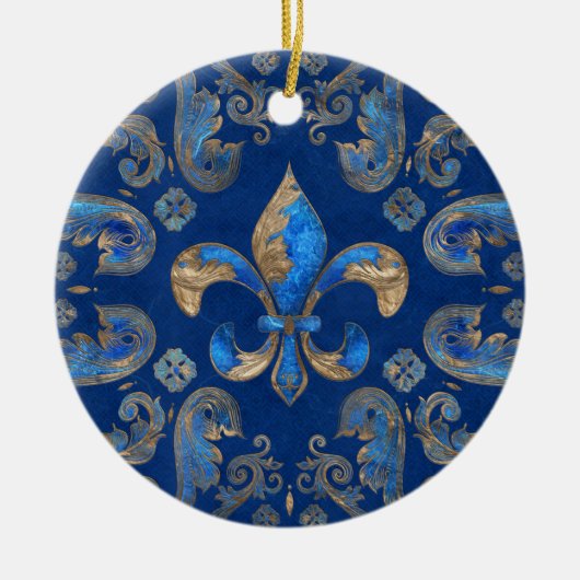 Vleur-de-lis luxeornament - blauwe marmer keramisch ornament (Voorkant)