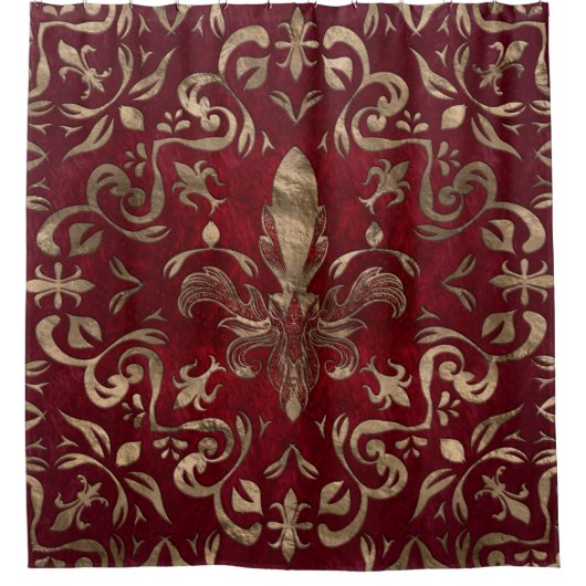 Vleur-de-lis-sierrood en goud douchegordijn (Voorkant)