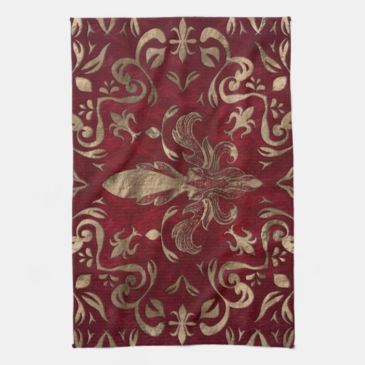 Vleur-de-lis-sierrood en goud theedoek (Verticaal)