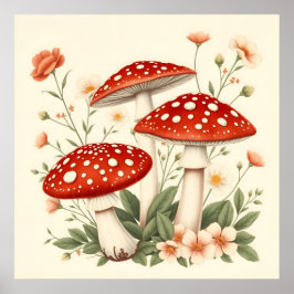  vlieg Agaric rode en witte champignons bloemenpra Poster