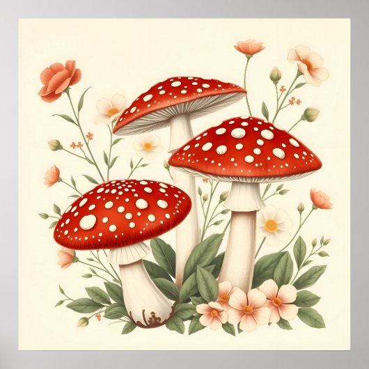 vlieg Agaric rode en witte champignons bloemenpra Poster (Voorkant)