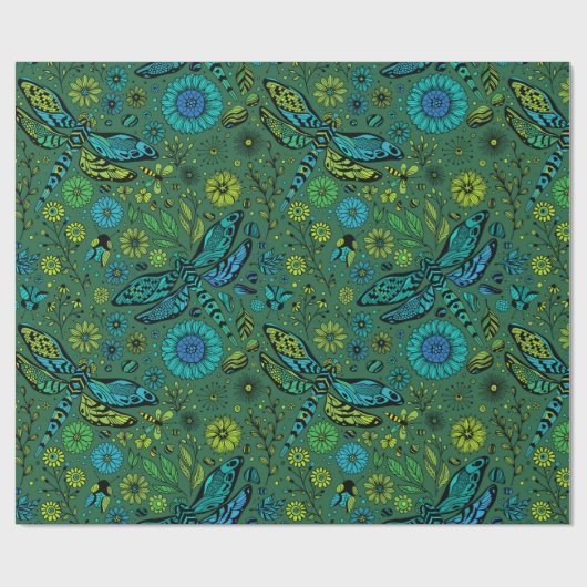 Vlieg een libel op smaragdgroen cadeaupapier (Vlak)