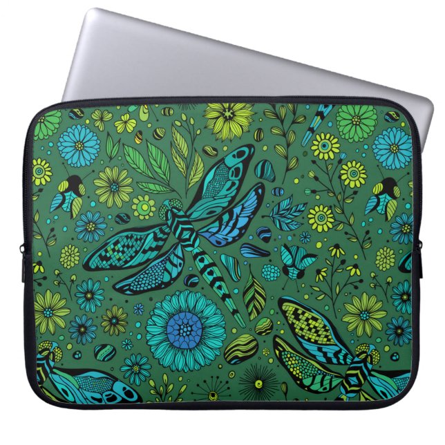 Vlieg een libel op smaragdgroen laptop sleeve (Voorkant)