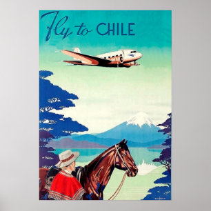 Vlieg naar Chili, man met paard, vintage luchtvaar Poster