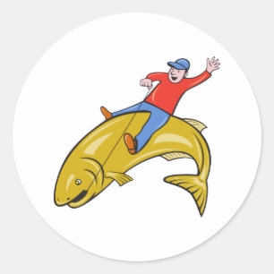 Vlieg Visser Rijden Jumping Forel Vis Cartoon Ronde Sticker