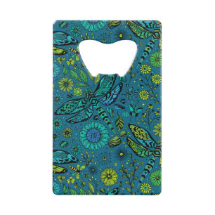 Vlieg, vlieg dragonfly op blauw creditkaart flessenopener
