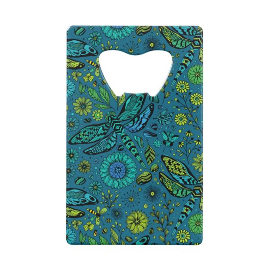 Vlieg, vlieg dragonfly op blauw creditkaart flessenopener (Voorkant)