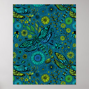 Vlieg, vlieg dragonfly op blauw poster