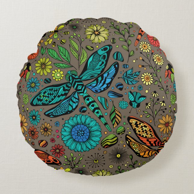 Vlieg, vlieg dragonvlieg op bruin rond kussen (Voorkant)