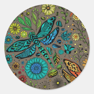 Vlieg, vlieg dragonvlieg op bruin ronde sticker