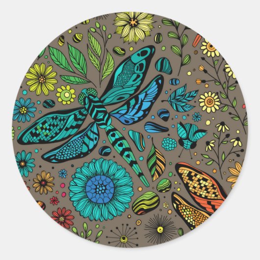 Vlieg, vlieg dragonvlieg op bruin ronde sticker (Voorkant)