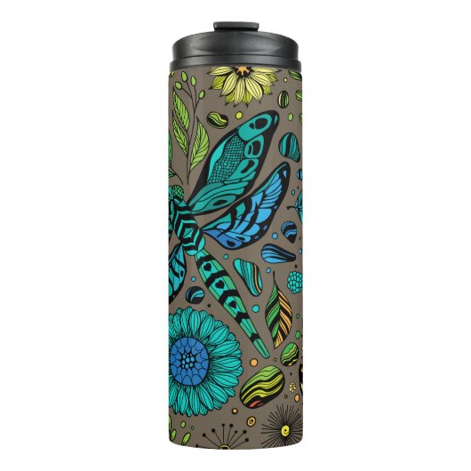 Vlieg, vlieg dragonvlieg op bruin thermosbeker (Voorkant)