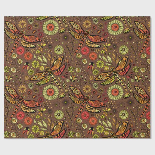 Vliegen, dragonvlieg op kannamonbruin cadeaupapier (Vlak)