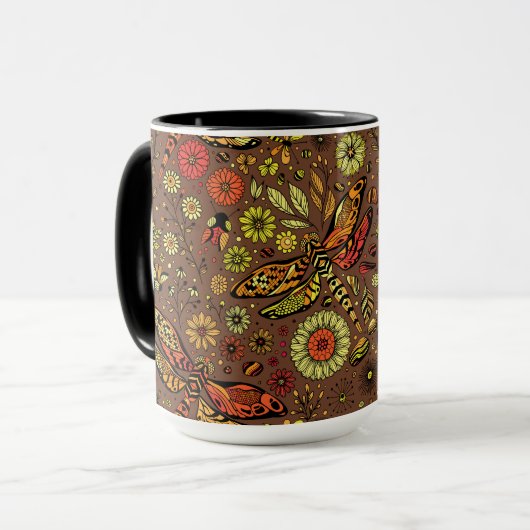 Vliegen, dragonvlieg op kannamonbruin mok (Voorkant links)