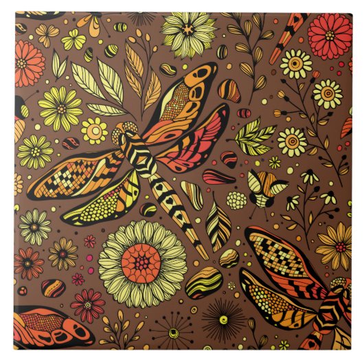 Vliegen, dragonvlieg op kannamonbruin tegeltje (Voorkant)