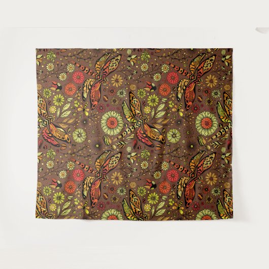 Vliegen, dragonvlieg op kannamonbruin wandkleed (Voorkant (horizontaal))