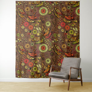 Vliegen, dragonvlieg op kannamonbruin wandkleed