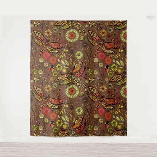 Vliegen, dragonvlieg op kannamonbruin wandkleed (Voorkant)