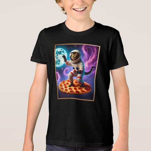 Vliegen met een Pizza Astronaut Kat Space Funny Ca Tri-Blend Shirt (Voorkant)