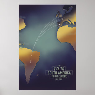 Vliegen naar Zuid-Amerika vanuit Europa kaart Poster