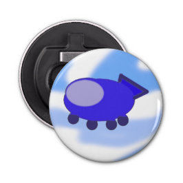 Vliegend blauw ruimteschip button flesopener