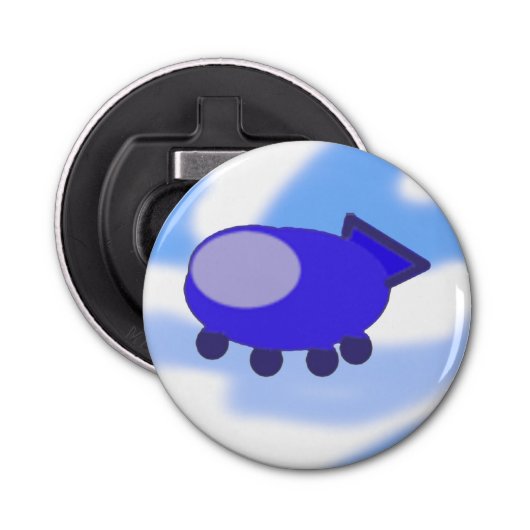 Vliegend blauw ruimteschip button flesopener (Voorkant)