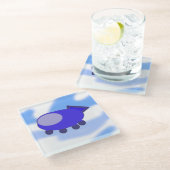 Vliegend blauw ruimteschip glazen onderzetter (Schuin)